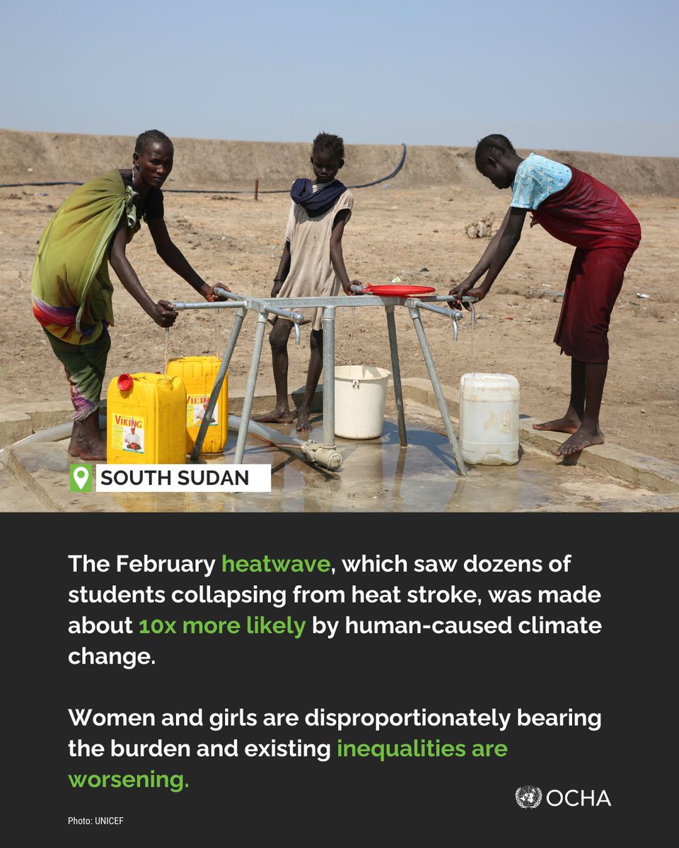 UN Humanitarian (@unocha) on Twitter photo Women and girls are bearing the brunt of extreme heat in #SouthSudan.
Climate change made last month’s heatwave at least 10x more likely and 2 degrees hotter.
We need urgent investments now #ForAllWomenAndGirls.
More from <a href="/WWAttribution/">World Weather Attribution</a>: bit.ly/3FmV6ug Women and girls are bearing the brunt of extreme heat in #SouthSudan.
Climate change made last month’s heatwave at least 10x more likely and 2 degrees hotter.
We need urgent investments now #ForAllWomenAndGirls.
More from <a href="/WWAttribution/">World Weather Attribution</a>: bit.ly/3FmV6ug