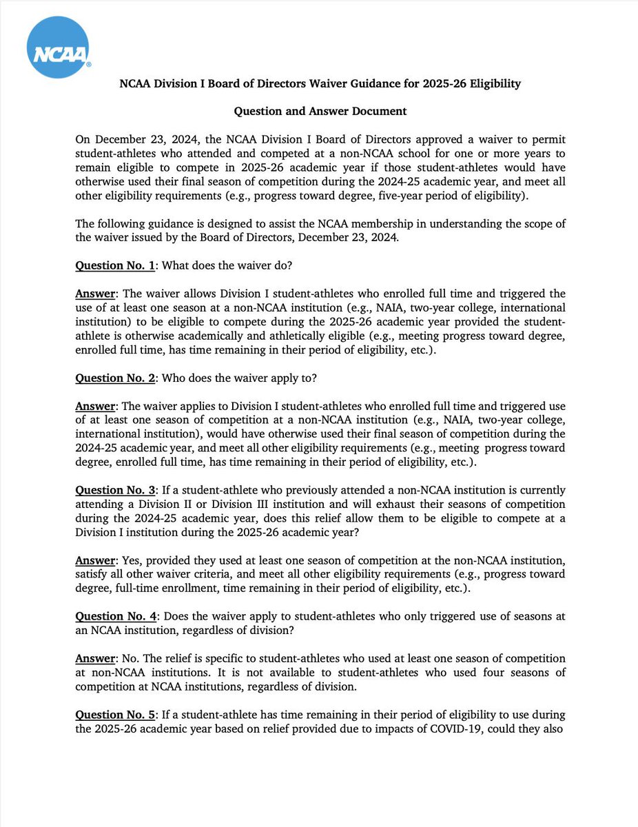 The NCAA released guidance to schools Thursday around its JUCO waiver. 

The guidelines specify which athletes are eligible to benefit from the waiver for the 2025-26 season. #NCAA #CFB #NJCAA