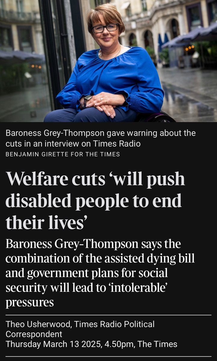Nikki da Costa (@nmdacosta) on Twitter photo Well said <a href="/Tanni_GT/">Tanni Grey-Thompson</a>. The crossbench peer, who won 11 Paralympic gold medals, told Times Radio: “If you are disabled and terminally ill and your benefits are cut, making life intolerable, it’s obvious more people will feel forced down this route to end their lives early.” Well said <a href="/Tanni_GT/">Tanni Grey-Thompson</a>. The crossbench peer, who won 11 Paralympic gold medals, told Times Radio: “If you are disabled and terminally ill and your benefits are cut, making life intolerable, it’s obvious more people will feel forced down this route to end their lives early.”