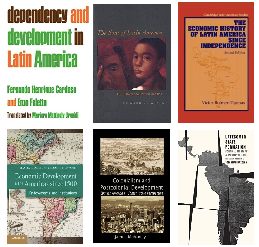 6 explicaciones del atraso económico latinoamericano en 6 palabras o menos (un libro por explicación)

1) Dependencia
2) Cultura corporatista
3) Falta de eslabonamientos entre sectores
4) Instituciones coloniales formadas por la geografía
5) Instituciones coloniales formadas por