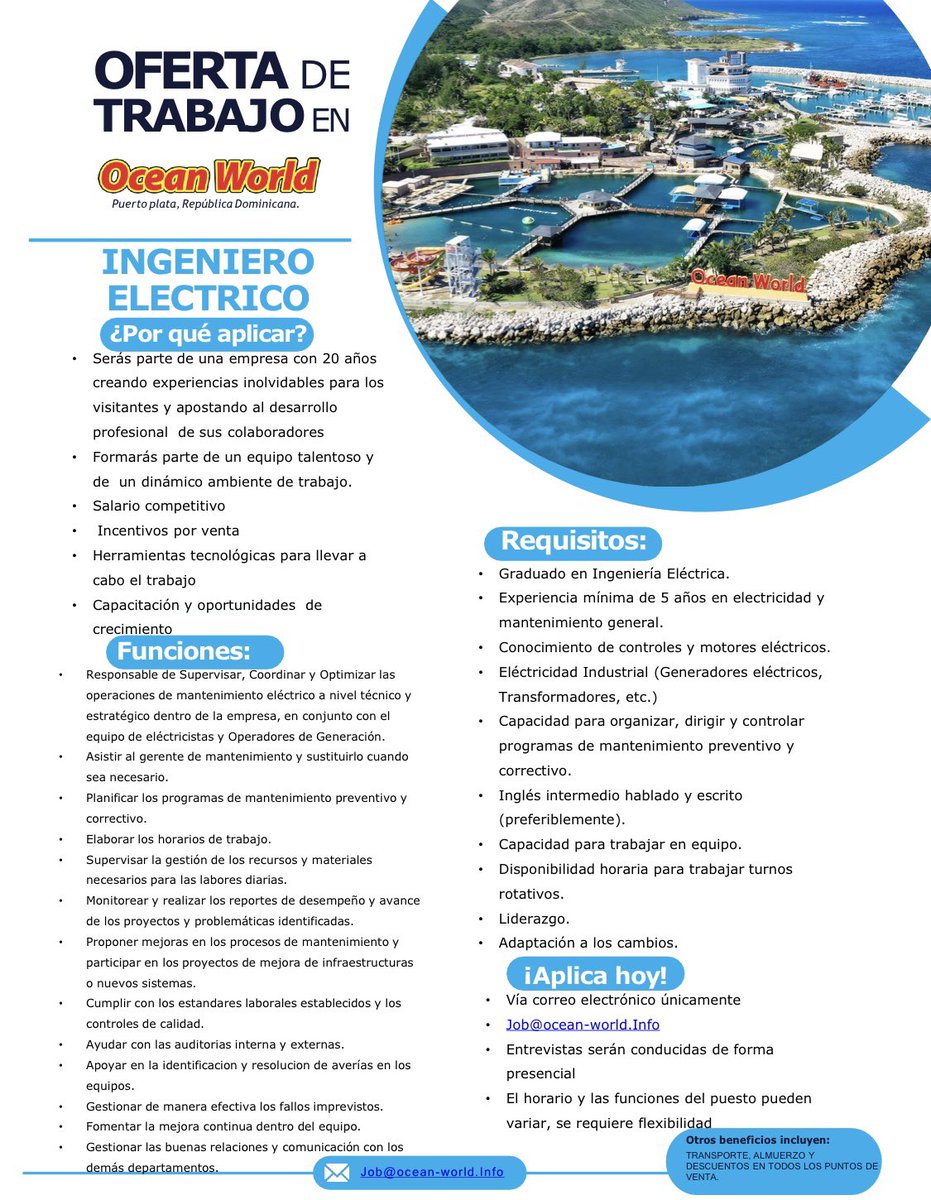 Ingeniero Eléctrico, puesto vacante en Ocean World Puerto Plata. 

Se reciben curriculums solo por correo electrónico; JOB@ocean-world.info

Favor leer las funciones y requisitos del puesto antes de aplicar.