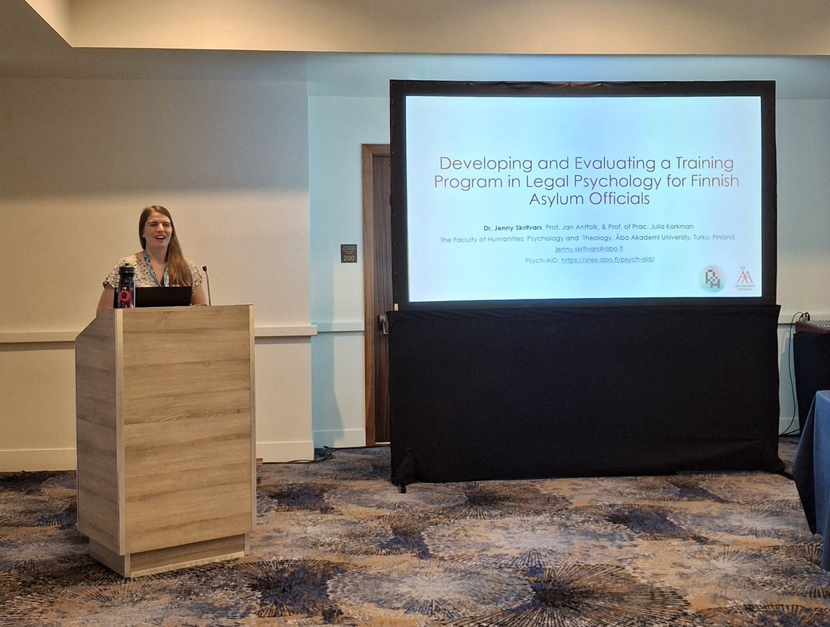 Psych-AID (@psychaid) on Twitter photo Our post doc researcher <a href="/JennySkrifvars/">Jenny Skrifvars</a> presented today at #APLS2025 on developing & evaluating a training programme in legal psychology for Finnish asylum officials. They found that officials' knowledge of best practice questioning improved post training & at 5 month follow up. Our post doc researcher <a href="/JennySkrifvars/">Jenny Skrifvars</a> presented today at #APLS2025 on developing & evaluating a training programme in legal psychology for Finnish asylum officials. They found that officials' knowledge of best practice questioning improved post training & at 5 month follow up.