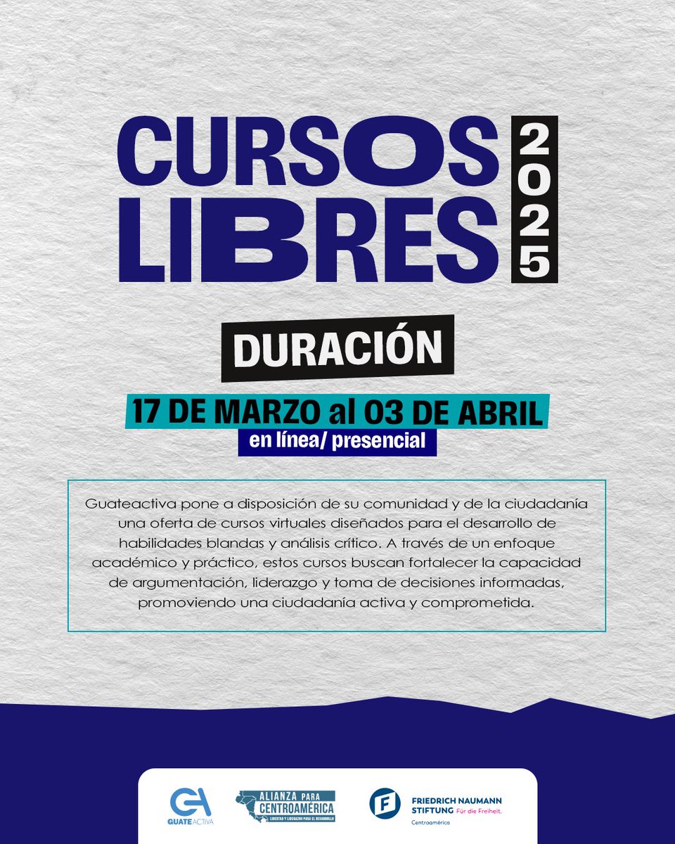 ¡Son los últimos días! No dejes que esta oportunidad pase de largo. Inscribete ahora y asegura tu participación en los cursos libres de GuateActiva
¡Nos vemos pronto!

📌Link de inscripción: goo.su/ge6K4