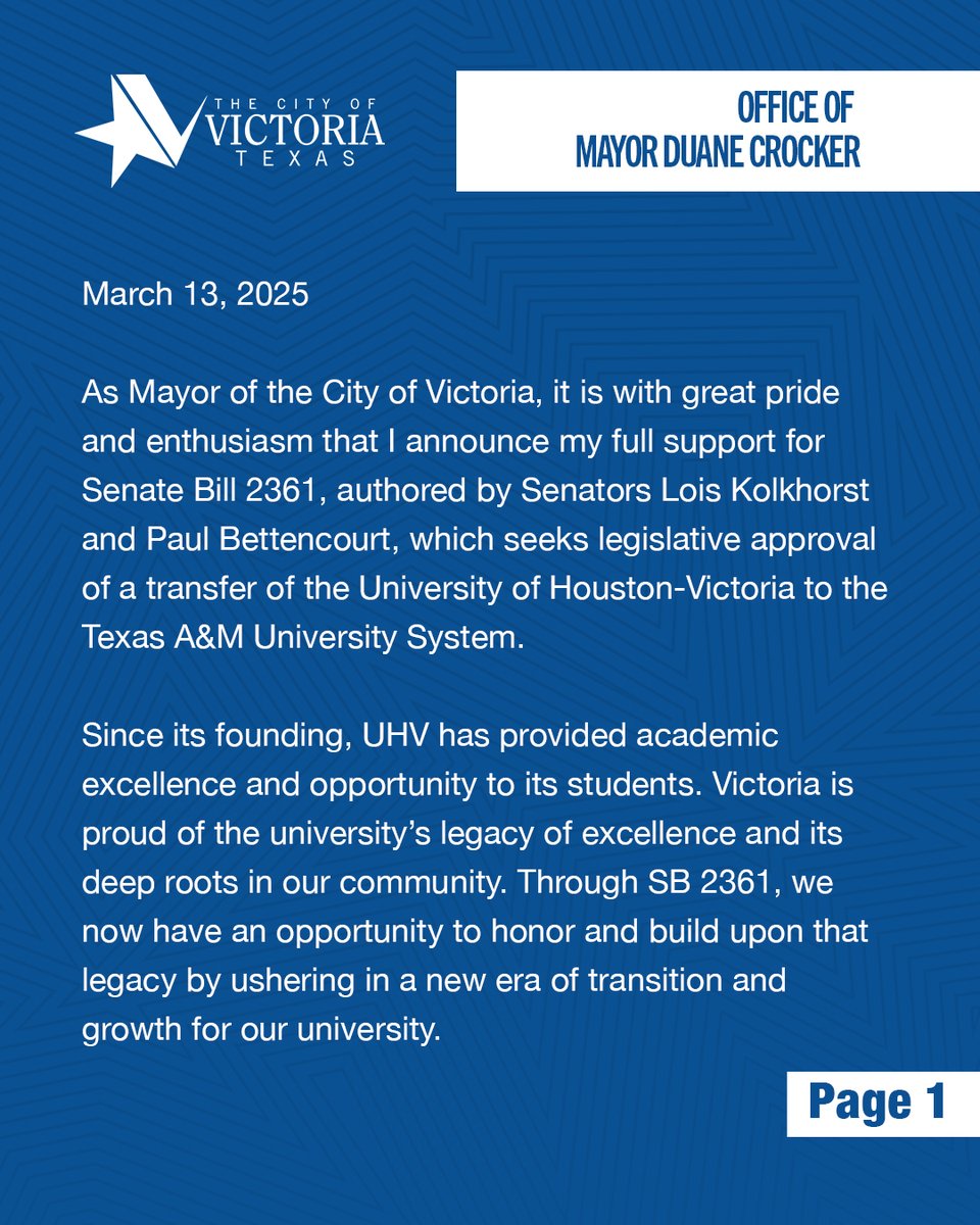 VictoriaPIO's tweet photo. City of Victoria Mayor Duane Crocker issues a statement strongly supporting Texas Senate Bill 2361 relating to the transfer of @UHVictoria to @tamusystem https://t.co/8HIDAg2LfX