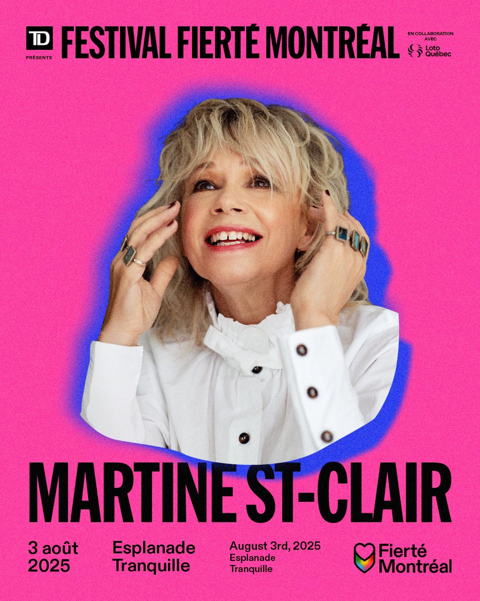 purcom's tweet photo. Martine St-Clair sera en vedette le 3 août prochain dès 20 h dans le spectacle IMMIX de @FierteMTLPride , présenté sur la scène de l'Esplanade Tranquille du Quartier des spectacles !
En savoir plus :
https://t.co/T9B1tGMYwk
#programmation
#fiertémontréal #immix #purcom https://t.co/wzy0ItDaQh