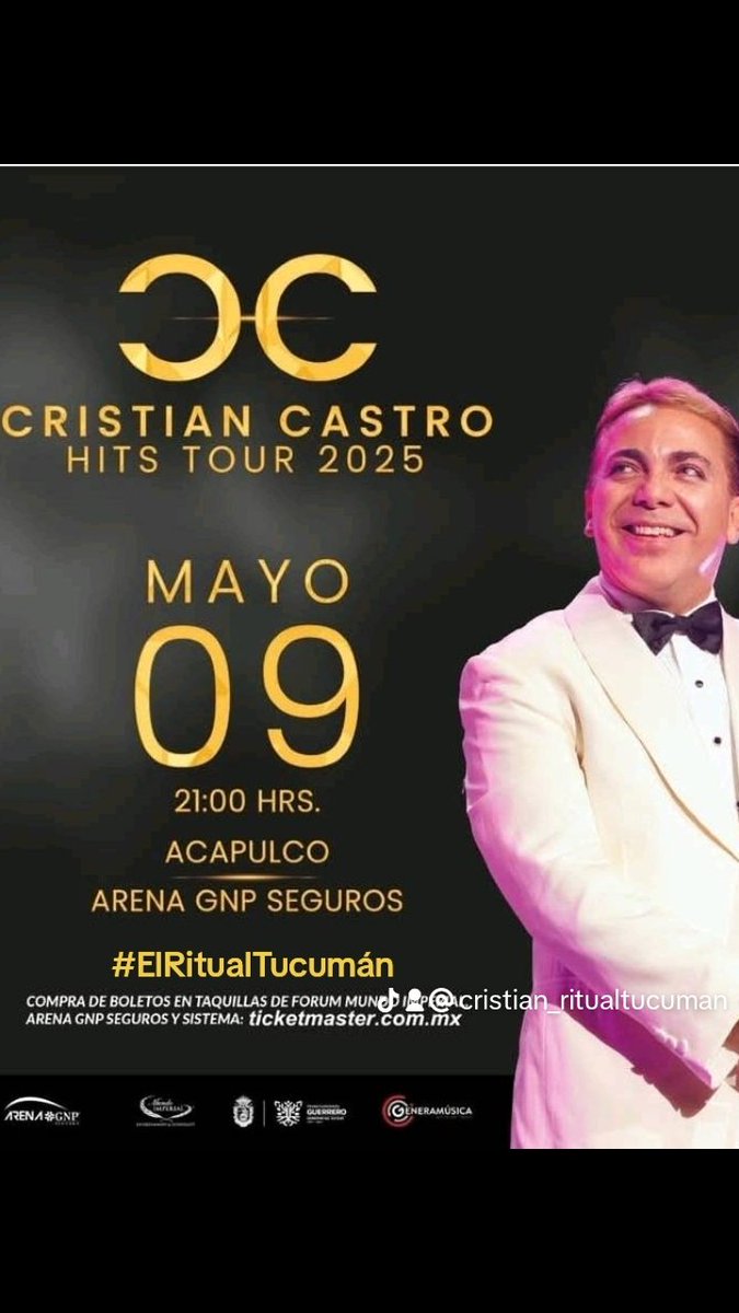 elritualtucuman's tweet photo. 🔥𝗡𝘂𝗲𝘃𝗮 𝗳𝗲𝗰𝗵𝗮!!!
🌊 ¡Acapulco, prepárense para una noche inolvidable! 💫@cristiancastro llega al Arena GNP Seguros el prox 9 de mayo a las 21:00 hrs. 🎤
🎟️ Boletos ya disponibles en Ticketmaster y puntos de venta autorizados. 
#CristianCastro #HitsTour2025 #Acapulco #CC https://t.co/KZkSRe22jT