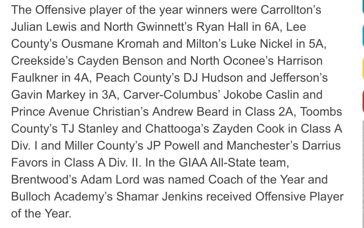 Honored to say I was announced the GACA offensive player of the year (GIAA conference). Cant wait to show my talents at the next level!