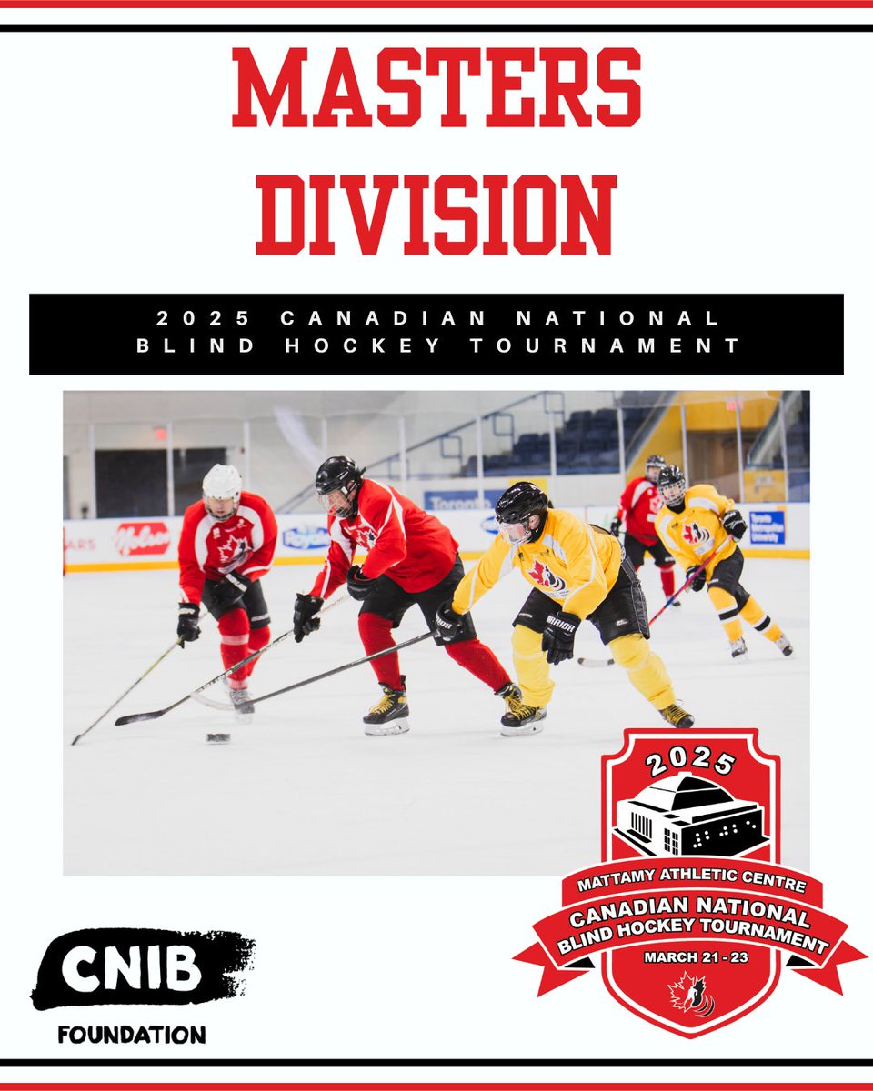 1 Week To Go! The 2025 Canadian National Blind Hockey Tournament will be the largest Blind Hockey event ever with 190 players competing!  There will be 24 games played across 7 divisions, and for the first-time - a Masters Division for players over 40: canadianblindhockey.com/canadian-natio…