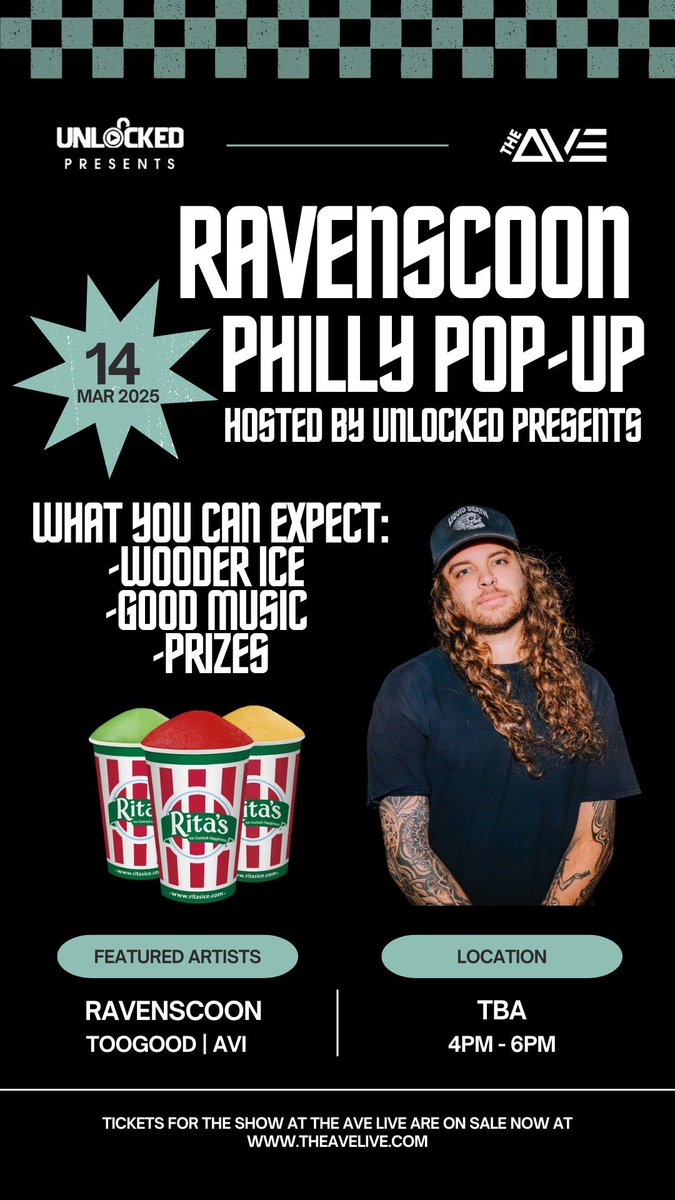 surprise!! i'm throwing a free pop-up with the Ave in philly tomorrow, 4-6pm before the show!! we're handing out free rita's wooder ice, giving out prizes, and you just might catch a special guest playing some music ;)

location details to come tomorrow! better see you there :)