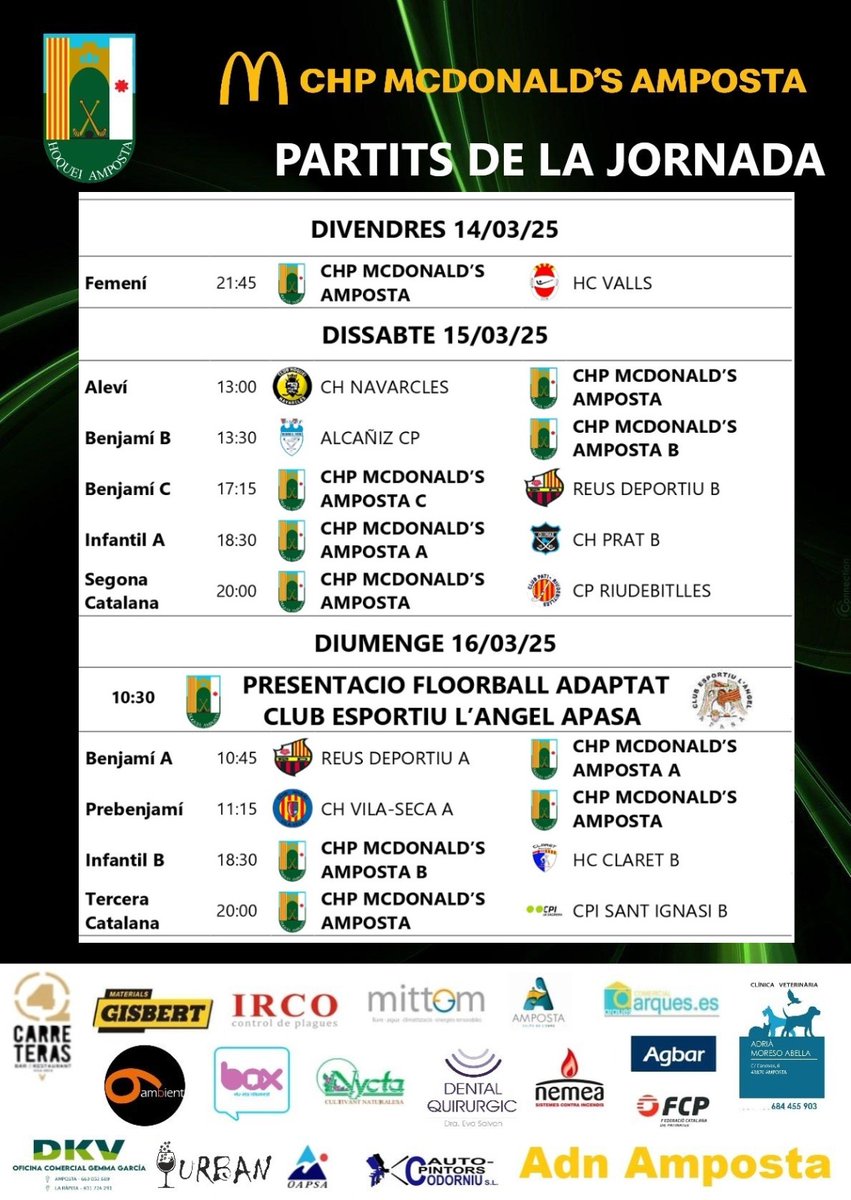 📢 Setmana plena de partits!! 
#hoquei 🏑🥅
Atenció: presentació de #Floorball 
#APASA #ClubEsportiulAngel
<a href="/FCPatinatge/">FCPatinatge</a> <a href="/ajamposta/">Ajuntament d'Amposta</a>
#ChpMcDonaldsAmposta 🟢⚫️