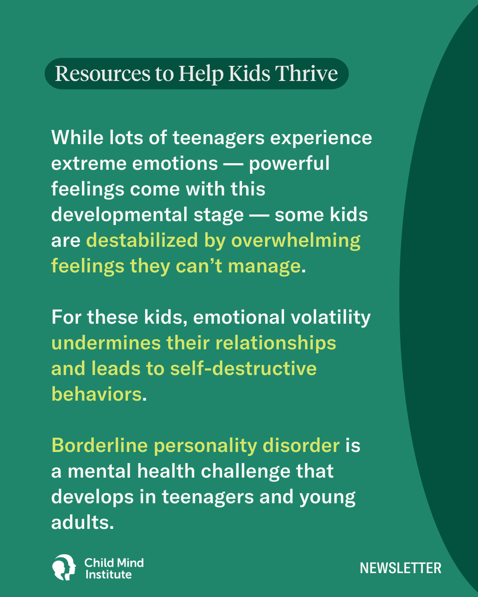 childmindinst's tweet photo. Borderline personality disorder (BPD) is a diagnosis that has historically been difficult to understand and even more difficult to treat successfully. The symptoms associated with it are a painful mix of emotional turmoil, unstable relationships, and self-destructive behavior.

There is treatment developed specifically for BPD — dialectical behavior therapy (DBT) — that can be very successful in helping kids get out of this painful spiral.

This week we’re rounding up resources on BPD and DBT, as well as other mental health challenges that develop in the teenage years: bipolar disorder and schizophrenia. The good news is that early intervention and new treatment strategies have made the prognosis much brighter for kids with these disorders.

Read this newsletter here:
https://t.co/MMhAXJsKJv