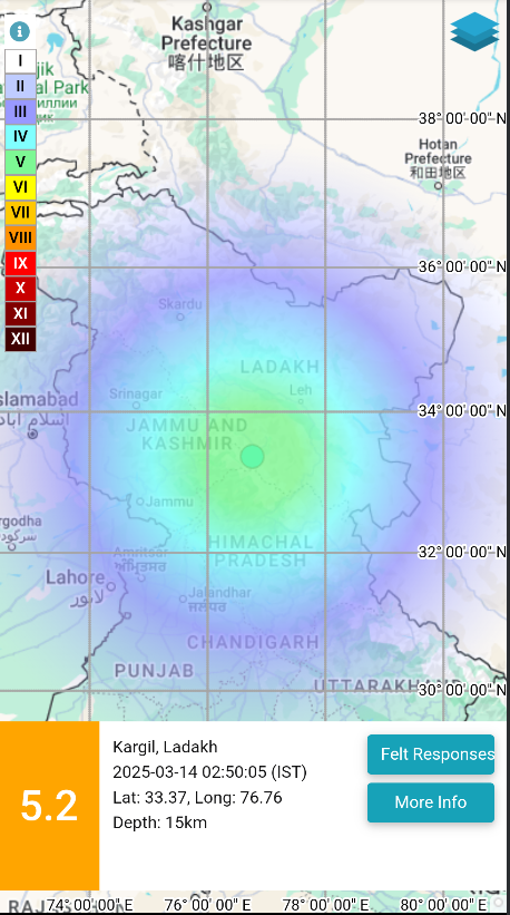 EQ of M: 5.2, On: 14/03/2025 02:50:05 IST, Lat: 33.37 N, Long: 76.76 E, Depth: 15 Km, Location: Kargil, Ladakh. 
For more information Download the BhooKamp App 
riseq.seismo.gov.in/riseq/earthqua… 
<a href="/DrJitendraSingh/">Dr Jitendra Singh</a> 
<a href="/OfficeOfDrJS/">Office of Dr. Jitendra Singh</a> 
<a href="/Ravi_MoES/">Ravi</a>  
<a href="/Dr_Mishra1966/">Dr. O. P. Mishra</a> 
<a href="/ndmaindia/">NDMA India | राष्ट्रीय आपदा प्रबंधन प्राधिकरण 🇮🇳</a>
