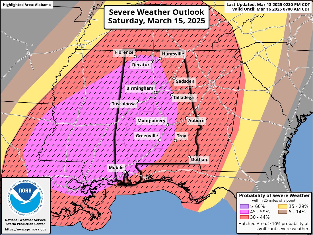 DANGEROUS SEVERE WEATHER THREAT: Alabamians will need to pay very close attention to the weather tomorrow night through Saturday night as a dynamic storm system will bring two rounds of severe thunderstorms to the state.

Specific timing graphics are attached to this post.

ROUND