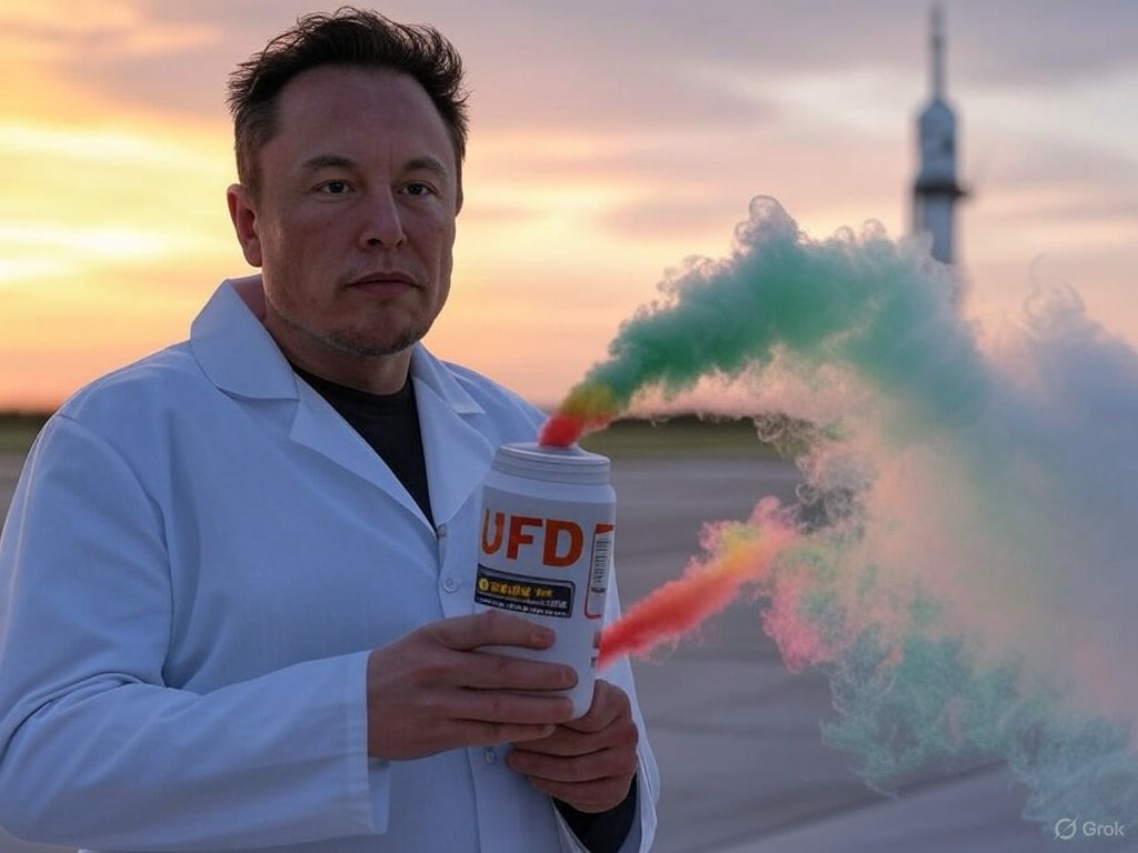 Breaking News:
<a href="/elonmusk/">Elon Musk</a> has discovered the secret to limitless space travel.  Pure Unicorn Fart Dust $UFD <a href="/BasementRon/">RonsBasement 🦄💨✨</a>