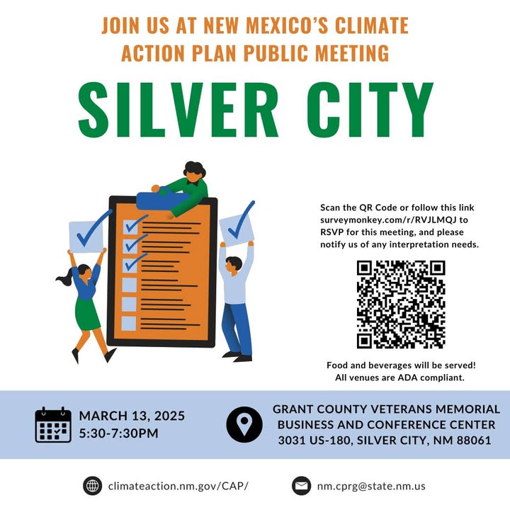 Join the movement tonight in Silver City! Alongside NMED and EMNRD, we're turning the New Mexico Climate Action Plan into reality. It's not merely a plan - it's our shared future.

Confirm your presence here: surveymonkey.com/r/RVJLMQJ #ClimateActionPlan #NewMexico.