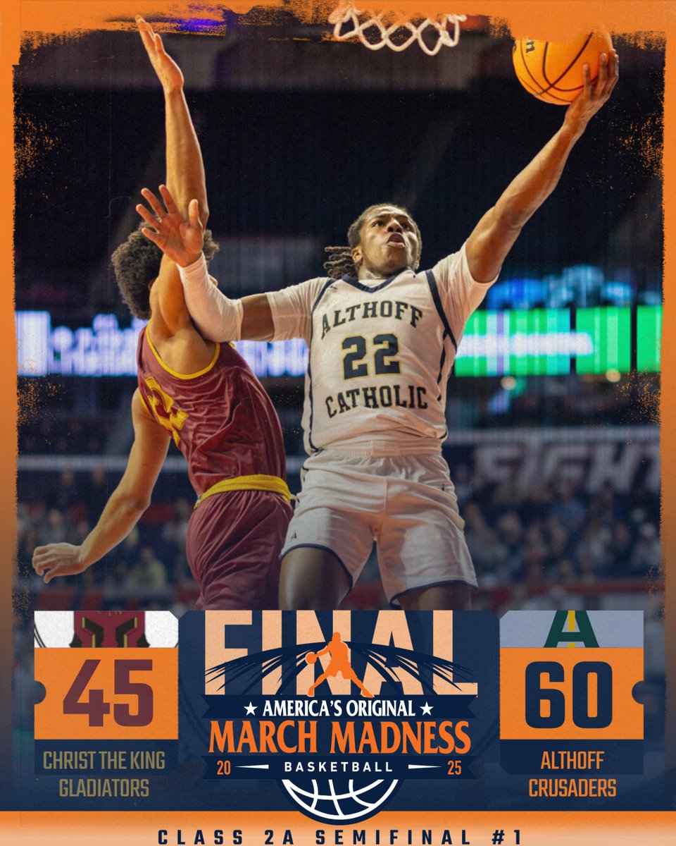 2⃣0⃣2⃣5⃣ #IHSA BOYS BASKETBALL STATE FINALS🏀
🇺🇸 America's Original #MarchMadness

🏆Class 2⃣A | Semifinal 1⃣🏆
Althoff 60
Christ the King 45

⭐️AC-Dierre Hill Jr. (22 pts, 7 reb, 5 ast)

🏅Althoff advances to 2A title game Saturday at 3PM

Box Score▶️ihsa.org/data/bkb/2Box1…