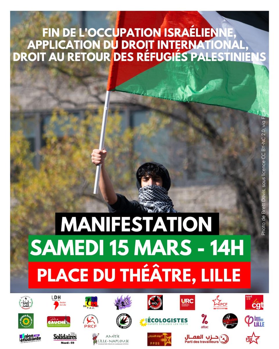Soyons nombreux ce samedi 15 mars à 14h <a href="/Cause_du_Peuple/">La Cause du Peuple 🇵🇸</a> <a href="/CGTourcoing/">CGT TOURCOING - U.L.</a> <a href="/CGTEducNord/">CGT Educ'Action Nord</a> <a href="/CPalestineLille/">Comité Palestine Lille</a> <a href="/FreeGIAbdallah/">Free Georges Abdallah</a> <a href="/FSE_Lille/">FSE Lille</a> <a href="/lacgtcommunique/">La CGT</a> @
