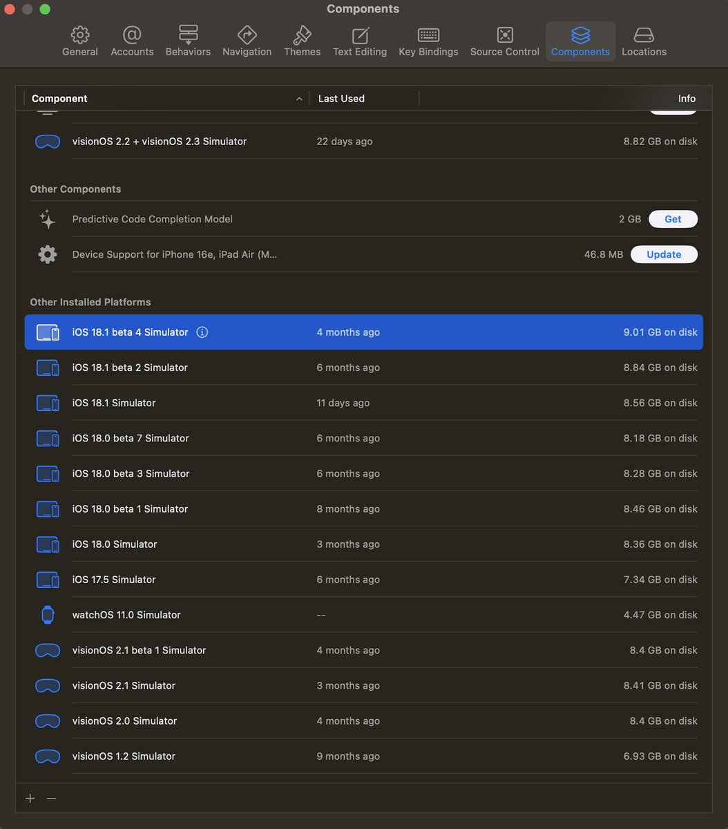 This is your yearly spring cleaning reminder to head on over to Xcode → Settings → Components and remove all of those OS runtimes that you're no longer using!

I just freed ~100GB from my machine by cleaning these up 🧹