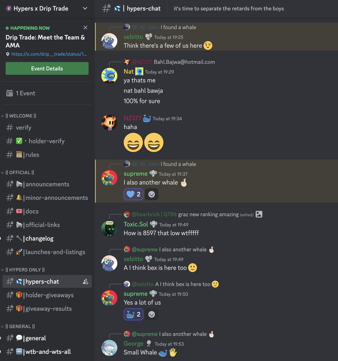 Happy to see fellow Whal3s from <a href="/SaveTheWhal3s/">SaveTheWhal3s 🐋</a> in other Discords like <a href="/HypersOnHL/">Hypers.</a>! 

Whal3s on top 🐋