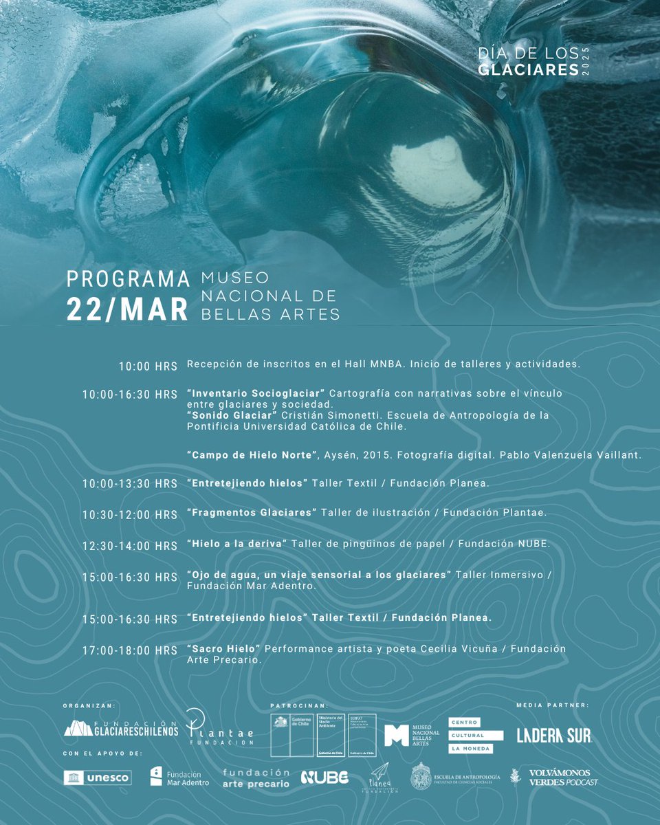 Súmate la 2da jornada del #DíaDeLosGlaciares❄️🩵 El sábado 22/marzo te esperamos en el <a href="/MNBAChile/">MNBA Chile | Museo Nacional de Bellas Artes</a> de 10-18hrs con actividades para toda la familia. El cierre estará a cargo de la artista <a href="/ceciliavicuna/">Cecilia Vicuna</a> con una imperdible performance. Inscríbete aquí👇
docs.google.com/forms/d/e/1FAI…