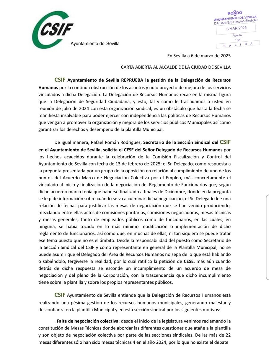 📢 Nos reunimos con la sección sindical <a href="/CSIFAytoSevilla/">CSIF Ayuntamiento de Sevilla</a> para abordar la preocupante gestión de la Delegación de RRHH. Falta de negociación, incumplimientos de acuerdos y sobrecarga de la plantilla municipal. Exigimos soluciones y respeto a los derechos laborales. #CeseFloresYa