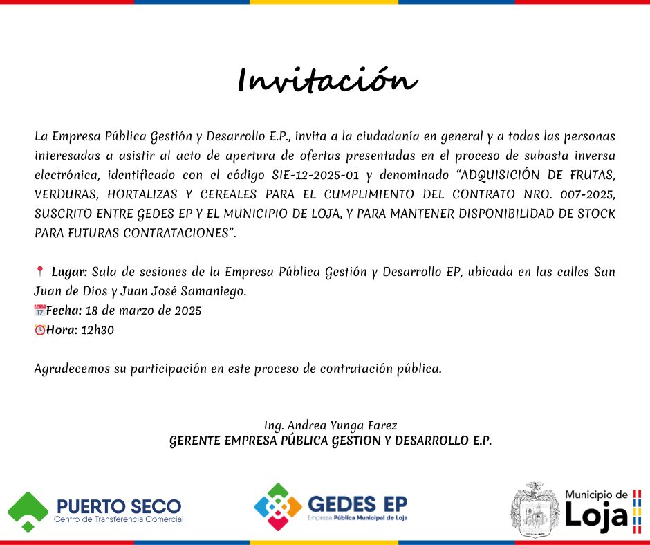 EpGedes's tweet photo. 📢#INVITACIÓN Acto de apertura de ofertas del proceso de subasta inversa electrónica. https://t.co/C9K0IzeL4y