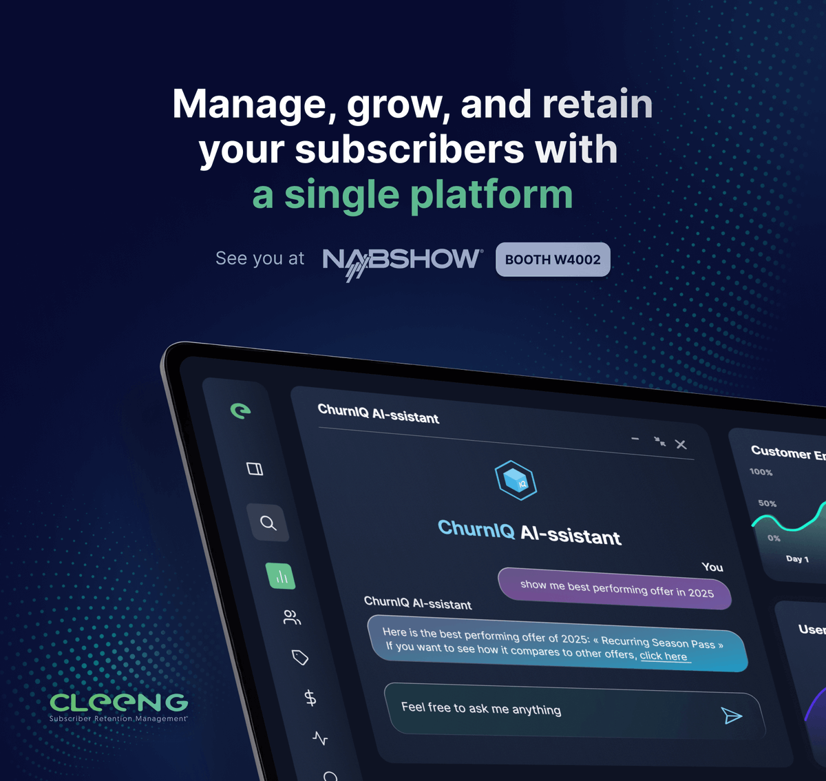 cleeng's tweet photo. #Cleeng is heading to the @NABShow 2025! 🚀
The future of subscriber retention is AI-powered, and we’re bringing our latest innovations to ➡️ Booth W4002 ⬅️
Book a meeting with our team now! → https://t.co/Bba5S4OHEa https://t.co/EbGymDWyGM