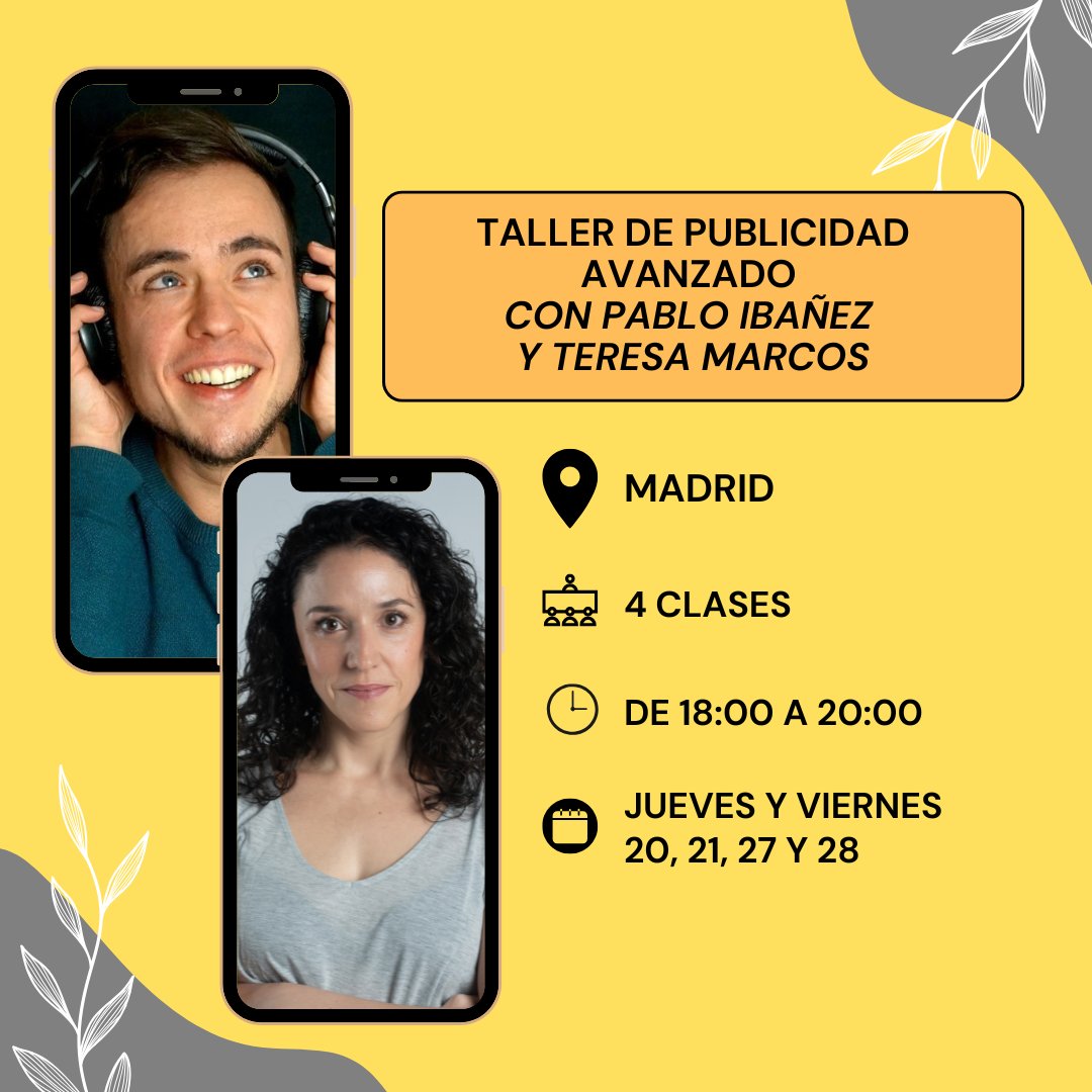 🎤 Nuevo curso intensivo avanzado de locución publicitaria 🎯
Jueves 20,27 y viernes 21,28
 Pablo Ibañez y Teresa Marcos te ayudarán a perfeccionar tu técnica para que tu voz impacte más en publicidad.
🚀 ¿Listo para llevar tu locución al siguiente nivel? Plazas limitadas.