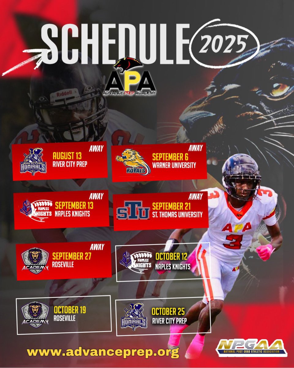 Advance Prep Academy (@advancepreppg) on Twitter photo APA Post Grad Football Releases its 2025 Football Schedule. advanceprep.org/apa-post-grad-… Don’t miss out secure your spot today. Calling all Unsigned Seniors Class of 2024 & 2025 tap in it’s go time come be apart of something great. <a href="/TheNPGAA/">National Post Grad Athletic Association</a> <a href="/NPGSN/">National Post Grad Sports Network</a> <a href="/Coach_KDCross/">KardariusCross</a> <a href="/APACoachLeo/">Leo Etienne</a> APA Post Grad Football Releases its 2025 Football Schedule. advanceprep.org/apa-post-grad-… Don’t miss out secure your spot today. Calling all Unsigned Seniors Class of 2024 & 2025 tap in it’s go time come be apart of something great. <a href="/TheNPGAA/">National Post Grad Athletic Association</a> <a href="/NPGSN/">National Post Grad Sports Network</a> <a href="/Coach_KDCross/">KardariusCross</a> <a href="/APACoachLeo/">Leo Etienne</a>