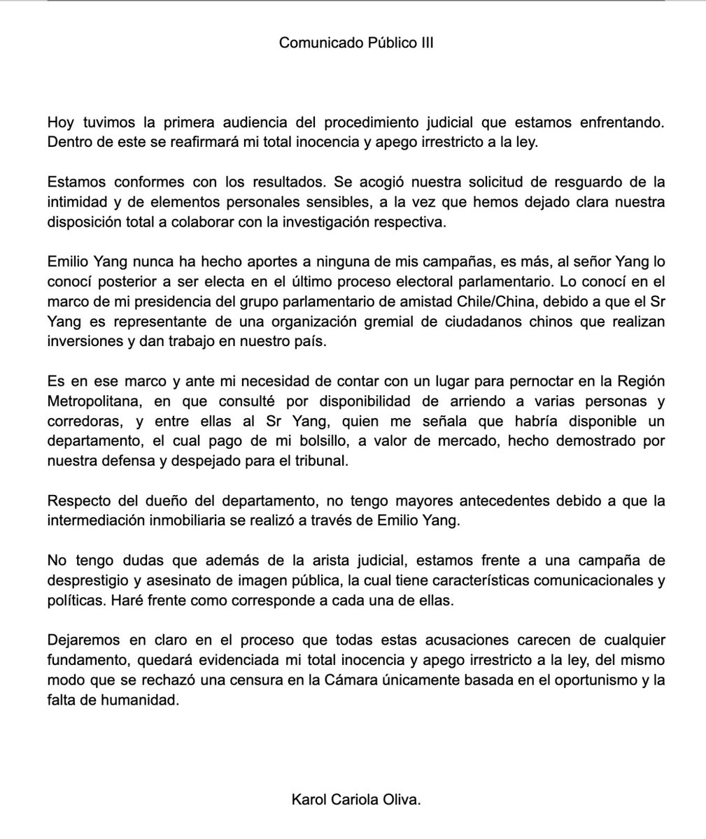 Hoy fue la primera audiencia del procedimiento judicial que injustamente estamos enfrentando. Hemos quedamos conformes y seguiremos colaborando con la justicia para demostrar mi total apego a la ley e inocencia. 

Agradezco de ante mano el apoyo en  la difusión de este comunicado