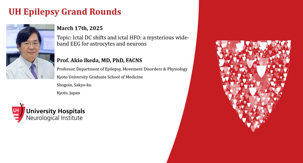Join us for #Epilepsy Grand Rounds next Monday 8am US eastern. Our speaker is Prof. Akio Ikeda from Kyoto University, Japan. Register for the webinar using this link:
uhhospitals.zoom.us/webinar/regist…

#NeuroX #SEEG #EpilepsySurgery #Neurophysiology 
Learn about the mysterious DC shift!