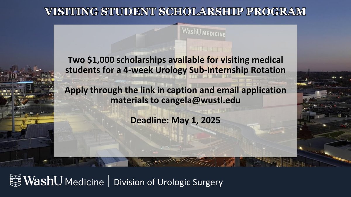 WashU Medicine Division of Urology (@washu_uro) on Twitter photo Ready to explore a career in Urology? Apply for the WashU Medicine Urology Visiting Student Scholarship and gain hands-on experience! $1,000 scholarships available for visiting students. Deadline: May 1.
Apply now: bit.ly/3EUkbwl <a href="/Uro_Res/">The Urology Applicant ⚕</a> <a href="/UroResidency/">UroResidency</a> #WashUMedicine Ready to explore a career in Urology? Apply for the WashU Medicine Urology Visiting Student Scholarship and gain hands-on experience! $1,000 scholarships available for visiting students. Deadline: May 1.
Apply now: bit.ly/3EUkbwl <a href="/Uro_Res/">The Urology Applicant ⚕</a> <a href="/UroResidency/">UroResidency</a> #WashUMedicine