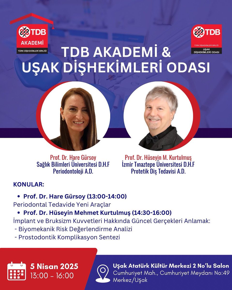 👉TDB AKADEMİ &amp; UŞAK DİŞHEKİMLERİ ODASI BİLİMSEL ETKİNLİĞİ

🕐 5 Nisan 2025 / 13:00-16:00
📍Uşak Atatürk Kültür Merkezi 2 No’lu Salon Cumhuriyet Mah., Cumhuriyet Meydanı No:49 Merkez/Uşak