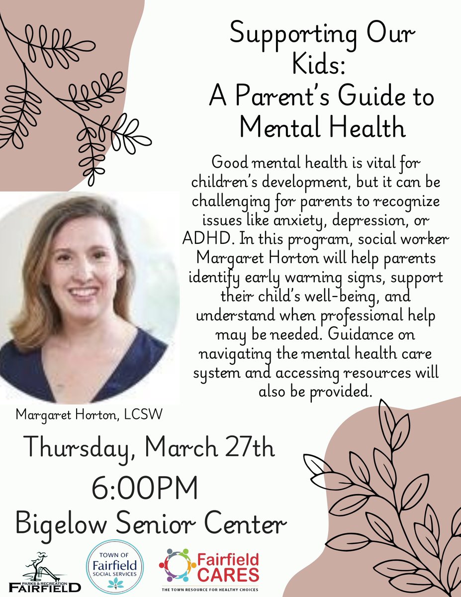 FfldSocialSvs's tweet photo. 📢 Join us for Supporting Our Kids: A Parent’s Guide to Mental Health on Thursday, March 27, at 6 PM at the Bigelow Senior Center! Learn how to recognize early signs of anxiety, depression &amp; ADHD with Margaret Horton, LCSW. https://t.co/TWnGbECtx1