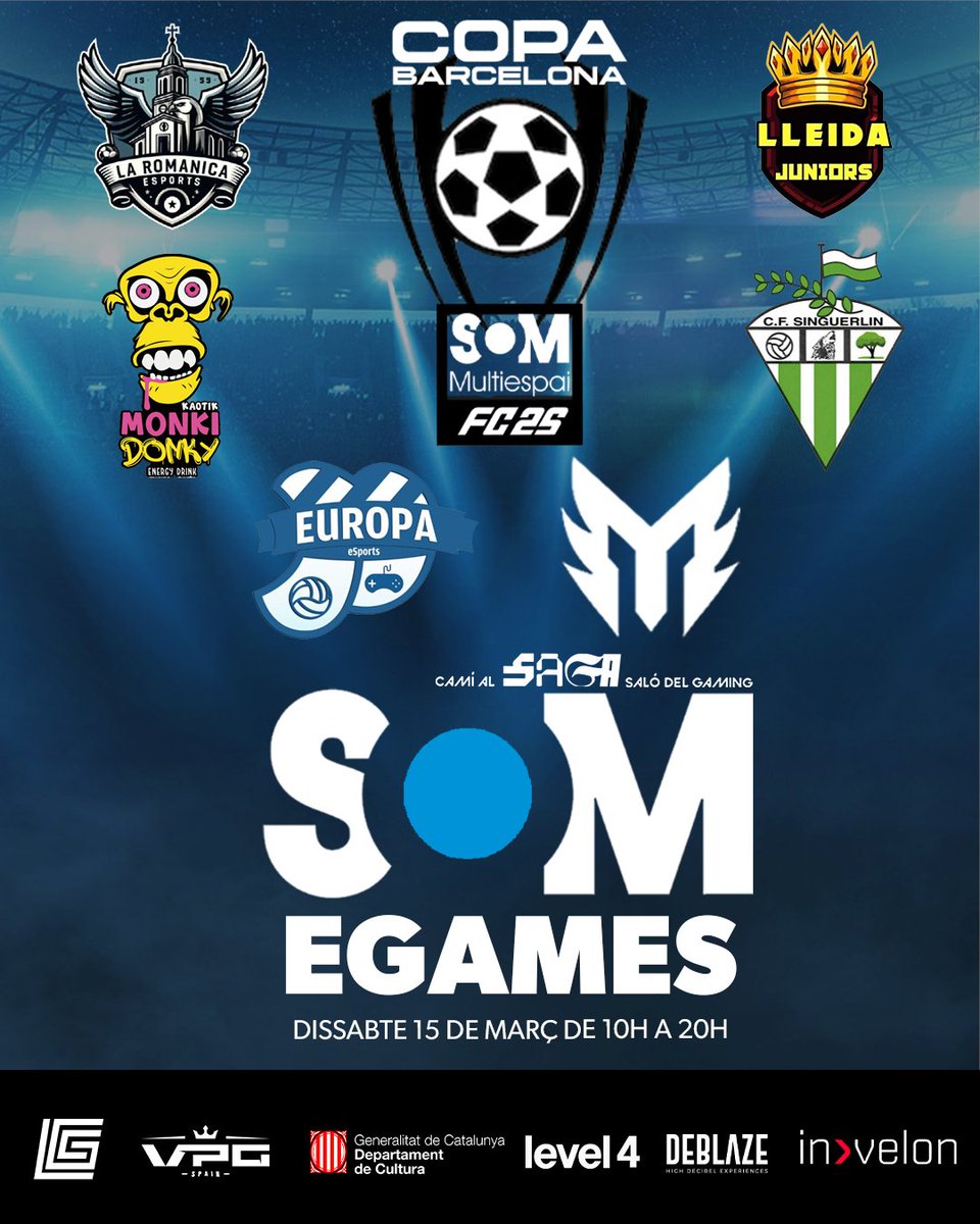 Virtual Pro Gaming España (@vpg_spain) on Twitter photo ¡Seis equipos para la gloria del Torneo Barcelona de <a href="/SOMMultiespai/">SOM Multiespai</a> !
🗓️ Sábado 15 de marzo (10h a 20h)
🗺️ Centro comercial <a href="/SOMMultiespai/">SOM Multiespai</a>
📌<a href="/EuropaEsports/">CE Europa eSports</a>
📌<a href="/Monta_Club/">Monta Club</a>
📌<a href="/SinguerlinCF/">SinguerlinCF</a>
📌<a href="/LleidaJuniors/">Lleida Juniors</a>
📌#MonkiDonky
📌<a href="/La_Romanica_eSp/">La Románica eSports</a>
#SomMultiespai #HaciendoHistoriaVPG ¡Seis equipos para la gloria del Torneo Barcelona de <a href="/SOMMultiespai/">SOM Multiespai</a> !
🗓️ Sábado 15 de marzo (10h a 20h)
🗺️ Centro comercial <a href="/SOMMultiespai/">SOM Multiespai</a>
📌<a href="/EuropaEsports/">CE Europa eSports</a>
📌<a href="/Monta_Club/">Monta Club</a>
📌<a href="/SinguerlinCF/">SinguerlinCF</a>
📌<a href="/LleidaJuniors/">Lleida Juniors</a>
📌#MonkiDonky
📌<a href="/La_Romanica_eSp/">La Románica eSports</a>
#SomMultiespai #HaciendoHistoriaVPG