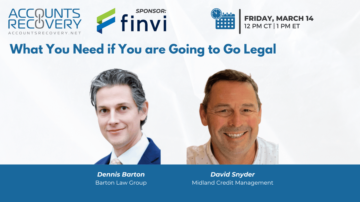 Is your #collections agency interested in filing collection lawsuits? Finvi is sponsoring an upcoming AccountsRecovery.net webinar, where a panel of experts will discuss this topic. Click to learn more and register!  #CollectionLawsuits #ARMIndustry

ow.ly/uIgC50Vhw4U