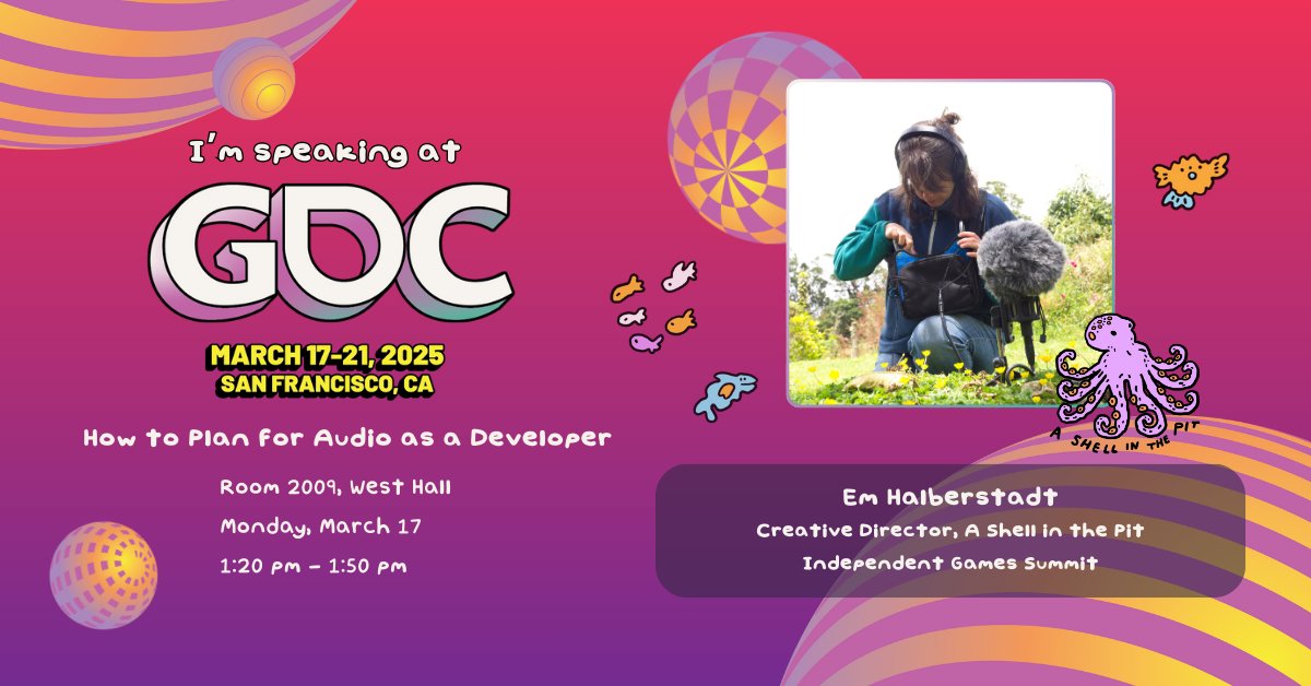 I’m thrilled to share that I’ll be speaking at <a href="/Official_GDC/">Game Developers Conference</a> on How to Plan for Audio as a Developer! I will de-mystify sound design for all you indie developers ✨ and share some hot tips from how we work at <a href="/AShellinthePit/">A Shell in the Pit</a>. #GDC2025 #Ashellinthepit  schedule.gdconf.com/session/indepe…