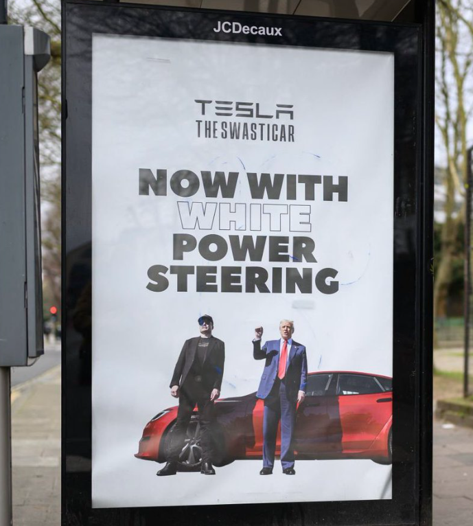 Shout out to whoever made this bus stop Tesla ad, it's fantastic! 💙

It would look good hanging outside of the White House and Trump Tower too!
#TeslaTakedown #TeslaBoycott #TeslaChainsawMassacre #TrumpisaNationalDisgrace #TrumpIsUnfitForOffice #TheTurdReich