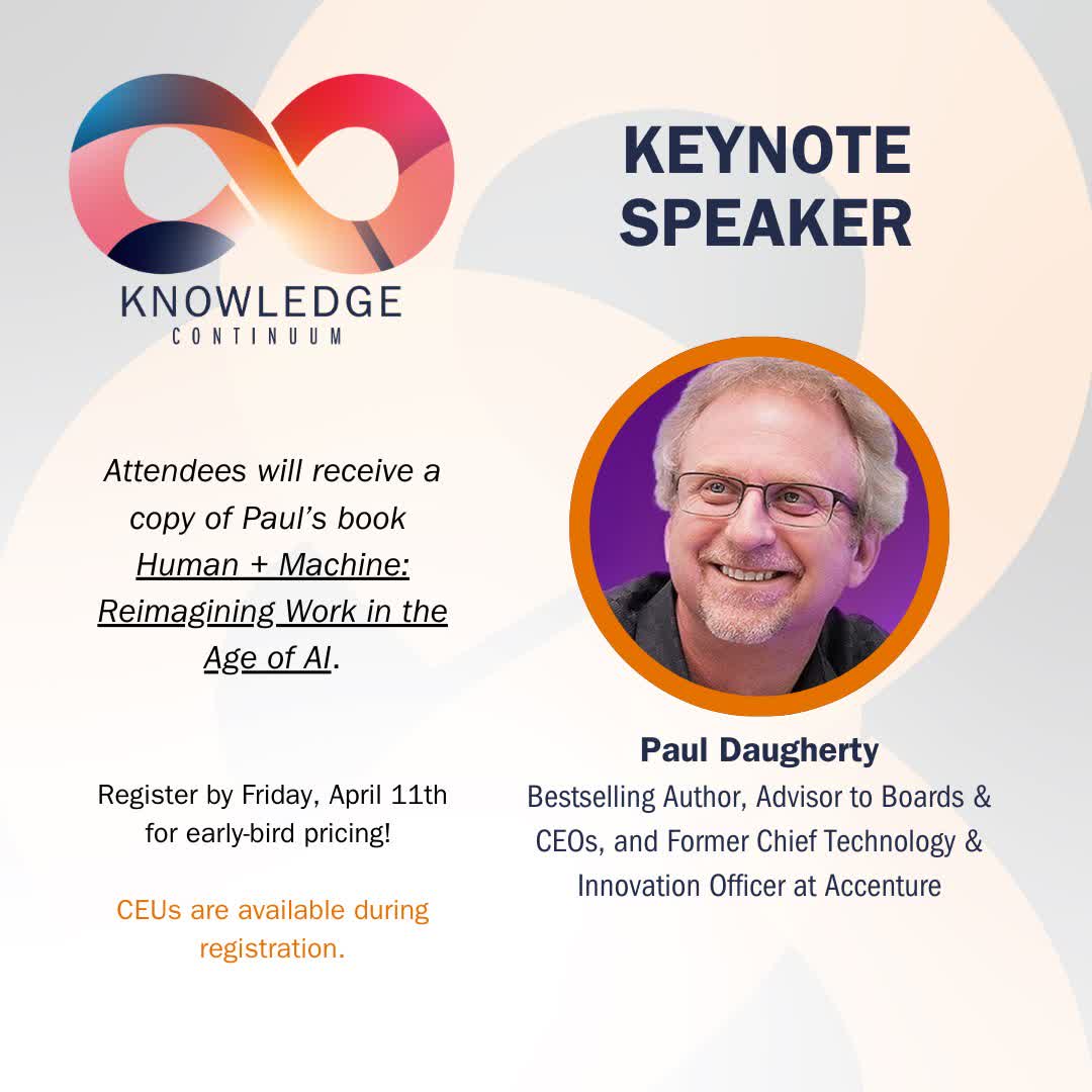 Bestselling author + CEO and board adviser Paul Daugherty is a keynote speaker for the UVA McIntire Knowledge ∞ Continuum May 2! Registrants get a copy of his book Human + Machine: Reimagining Work in the Age of AI.
Register now for early-bird pricing: commerce.virginia.edu/centers/cmit/k…