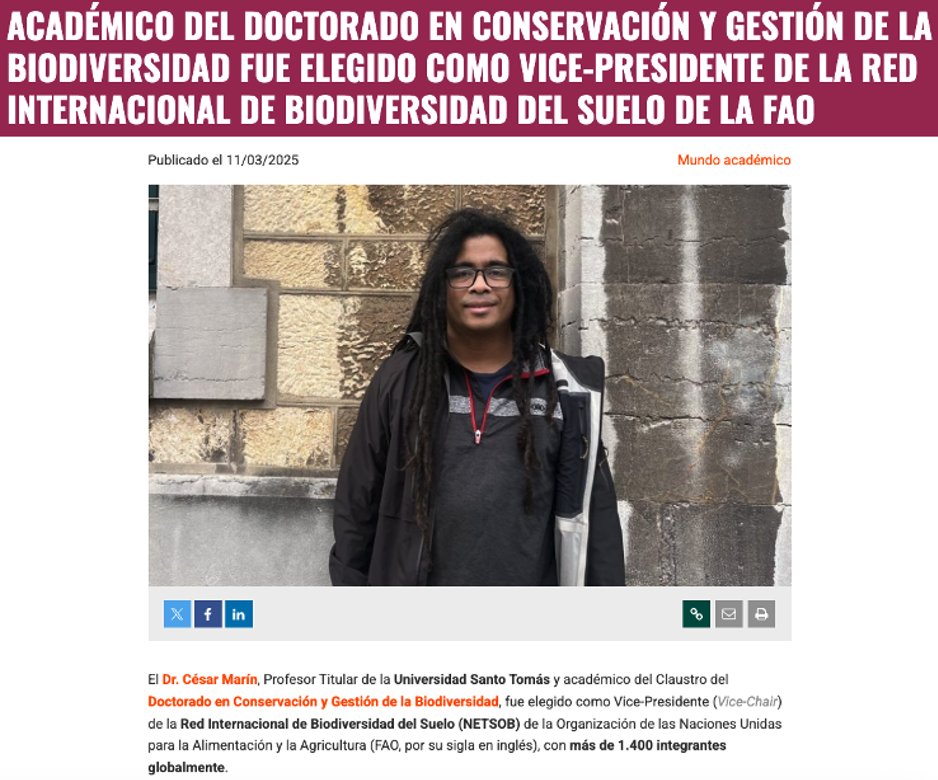 CiiCC_UST's tweet photo. Dr. César Marín, Profesor Titular de la Universidad Santo Tomás, ha sido elegido como Vicepresidente de la Red Internacional de Biodiversidad del Suelo (NETSOB) de la Organización de las Naciones Unidas para la Alimentación y la Agricultura (FAO). https://t.co/q0KBbkk5I0