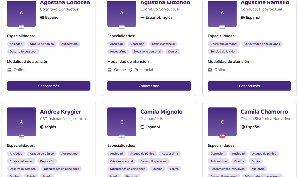 - Se puede filtrar por diferentes corrientes de psicología: Psicoanálisis, conductual, Gestalt
-Para el profesional: la plataforma le provee todo un sistema de gestion automatizado, para llevar adelante agendas, historias clínicas digital, pagos.
 - más info en @soymenta_ok
