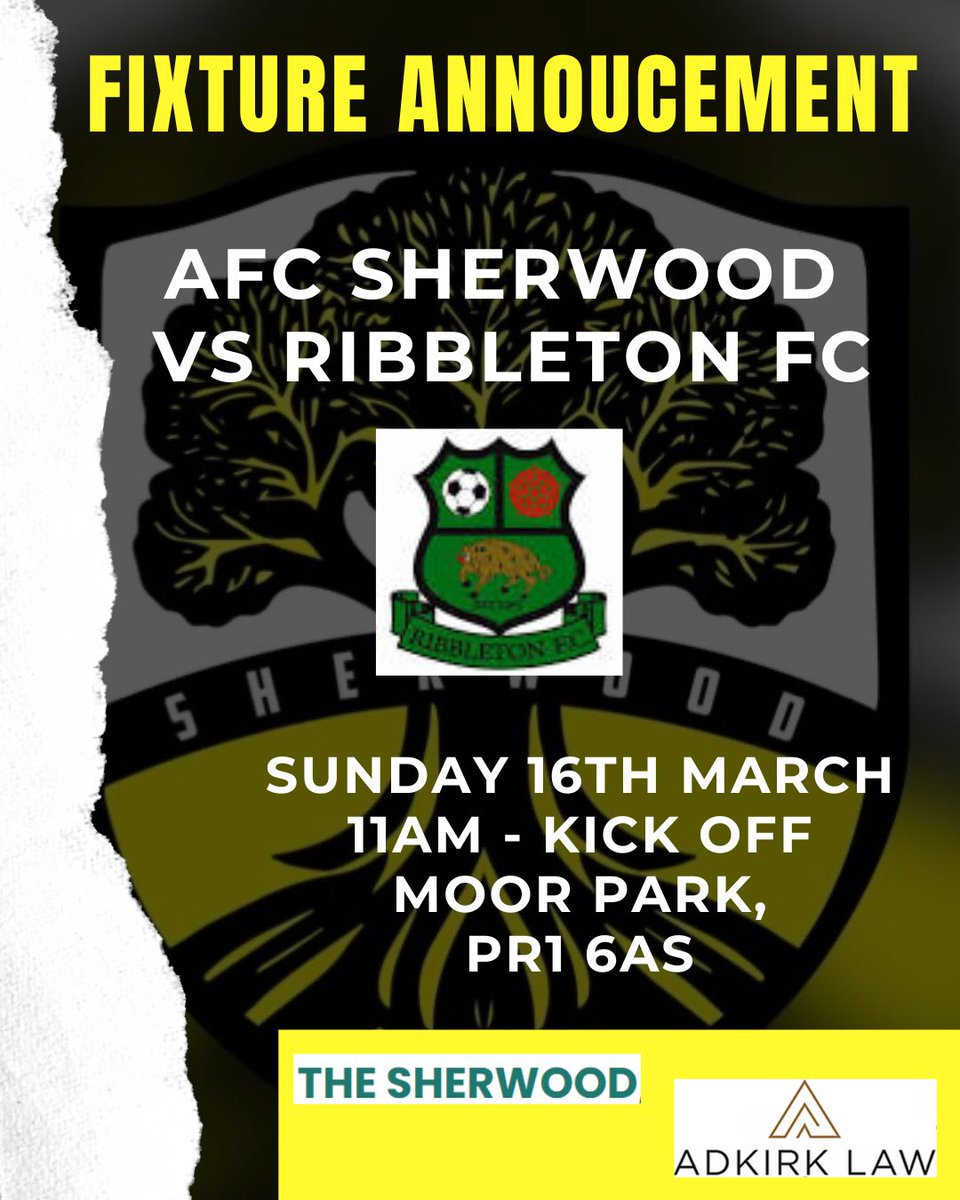The lads return to our home pitch at Moor Park this Sunday as they look to bounce back from last weekends result! ⚽️

Vs Ribbleton Athletic 🟢⚫️
11am Kick Off ⚽️
Moor Park 📍

All support welcome! 🐕🌳

AFC Sherwood 
Proudly Sponsored by Adkirk Law &amp; The Sherwood Pub