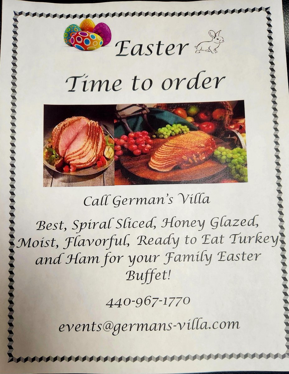 Spring is right around the corner! Place your order for our delicious Spiral sliced ham and turkeys for your Easter Buffet! Ready to Eat! No fussing at all!