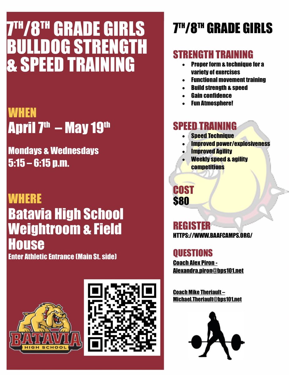 agpiron10's tweet image. 7th and 8th Grade Girls Spring Lifting starts soon!! Sign up below through BAAF! @Coach_Theriault @ActivityBatavia
bataviaaaf.com/strengthspeed