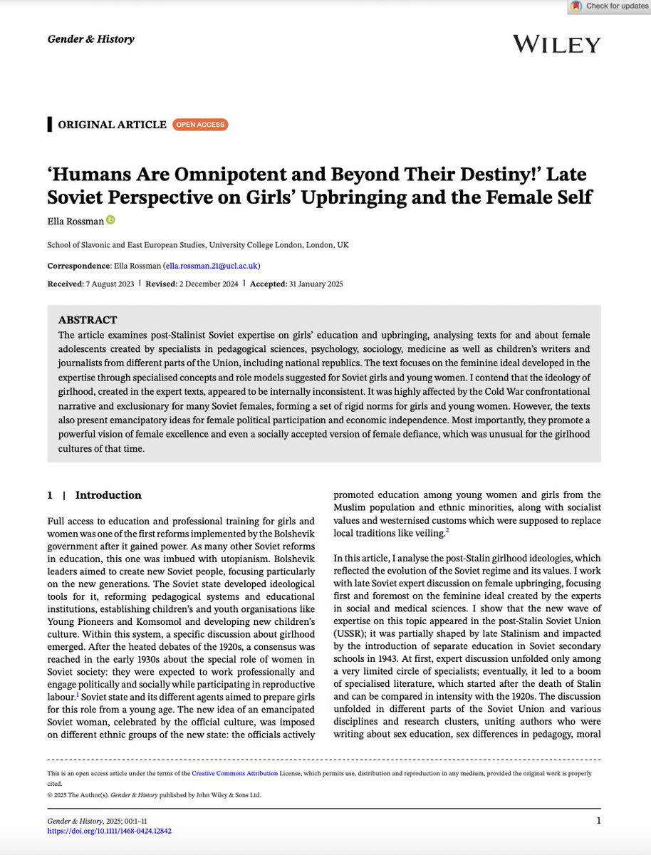 Ella Rossman (@rossman_ella) on Twitter photo My new article is now available at <a href="/GenderHistory/">Gender & History</a>!
It analyses the post-Stalin expertise on girls' upbringing: research, advice literature for parents and teachers, and girls themselves. I focus on the feminine ideal and girlhood ideologies in the texts
onlinelibrary.wiley.com/doi/full/10.11… My new article is now available at <a href="/GenderHistory/">Gender & History</a>!
It analyses the post-Stalin expertise on girls' upbringing: research, advice literature for parents and teachers, and girls themselves. I focus on the feminine ideal and girlhood ideologies in the texts
onlinelibrary.wiley.com/doi/full/10.11…
