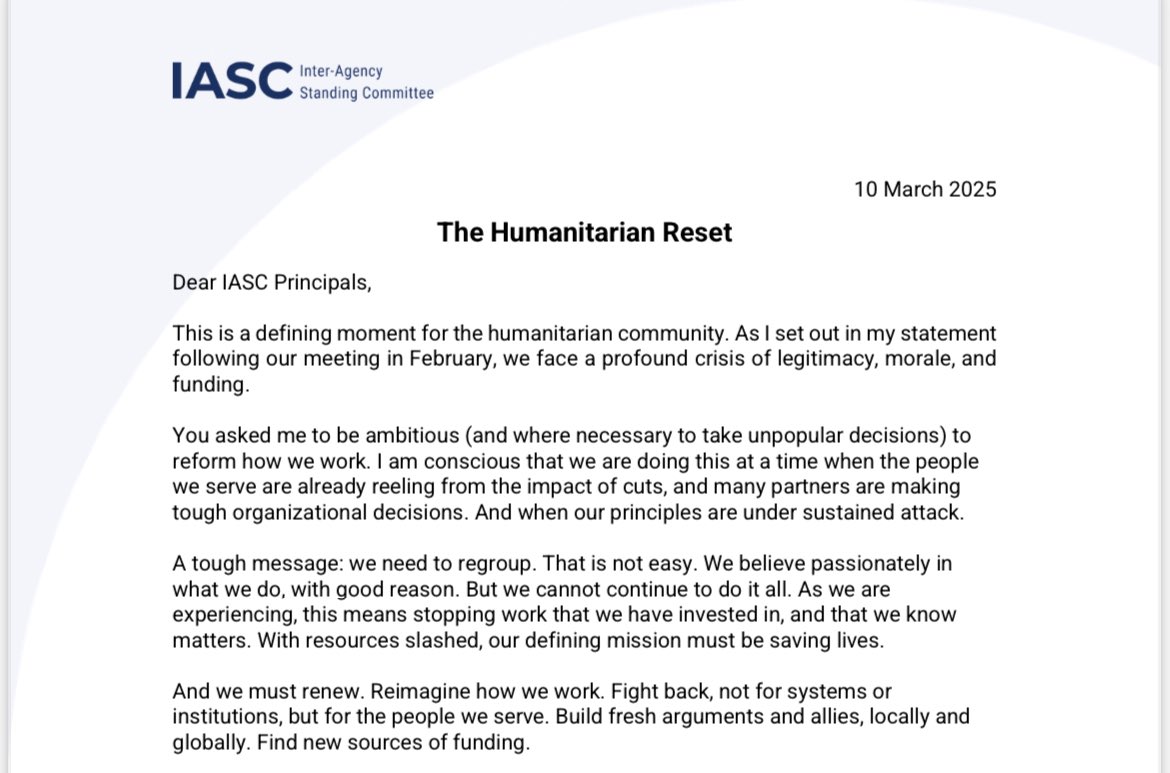 Tom Fletcher (@unreliefchief) on Twitter photo Defining moment for humanitarian community. We must regroup and renew on basis of 3 priorities: best possible crisis response with resources we have; reform and reimagine how we work and shift power to people we serve. Full statement on 10 point plan: ⬇️
interagencystandingcommittee.org/inter-agency-s… Defining moment for humanitarian community. We must regroup and renew on basis of 3 priorities: best possible crisis response with resources we have; reform and reimagine how we work and shift power to people we serve. Full statement on 10 point plan: ⬇️
interagencystandingcommittee.org/inter-agency-s…