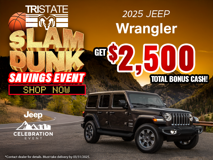 TriStateCDJR's tweet photo. 🏀 Slam Dunk Deals at Tri-State! Get $2,000 bonus cash on the 2025 Jeep Wrangler—your adventure starts now! 💥 #TriStateCDJR #SlamDunkDeals https://t.co/Sjdy7dRAuP https://t.co/CoH6nd16Up