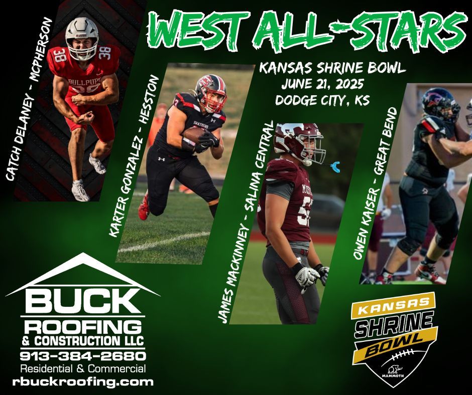 Visit buff.ly/mjp51Zp to learn all about today's featured West All-Stars; Catch DeLaney (McPherson), Karter Gonzalez (Hesston), James MacKinney (Salina Central), Owen Kaiser (Great Bend). All-Star Profiles are brought to you by Buck Roofing &amp; Construction LLC.