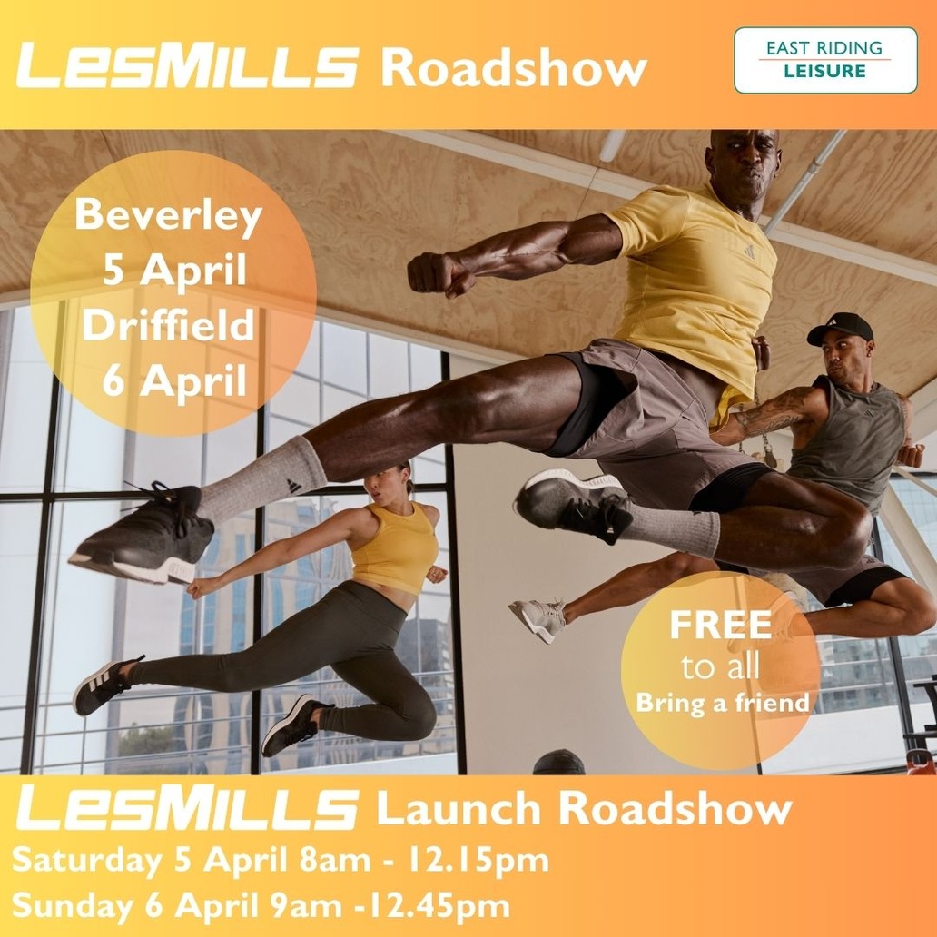 ERLeisure's tweet photo. 🚨Our first LES MILLS FREE class launch roadshow is coming to ERL Beverley &amp; Driffield 

Sat 5 April:  Beverley, 8am - 12.15pm
Sun 6 April: Driffield, 9am - 12.45pm

Book by telephone / in person from 17 March, normal online booking policy applies.

https://t.co/Is7TcHoCJX https://t.co/PXOfrWpwwe
