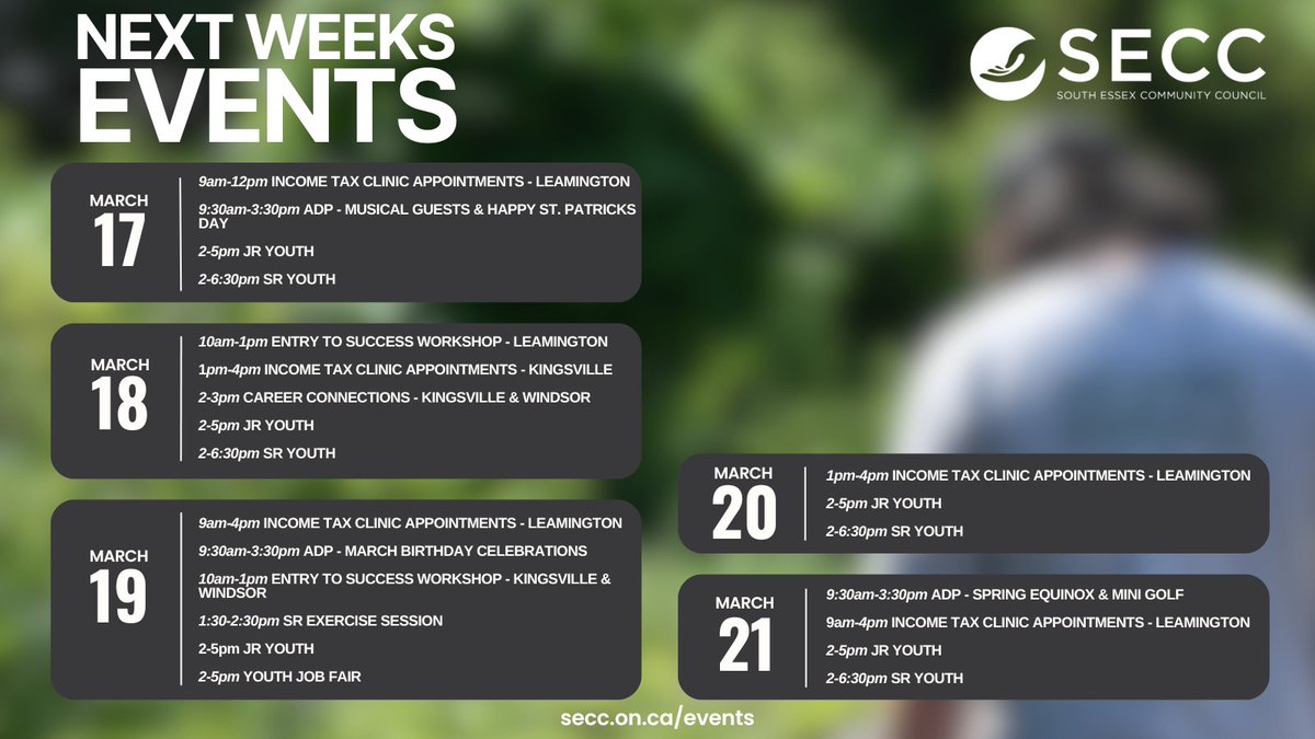 Take a look at our events calendar for March 17th - March 21st 👇

Interested in joining us next week? 🔗 Visit secc.on.ca/events/ for information! 

#SouthEssexCC